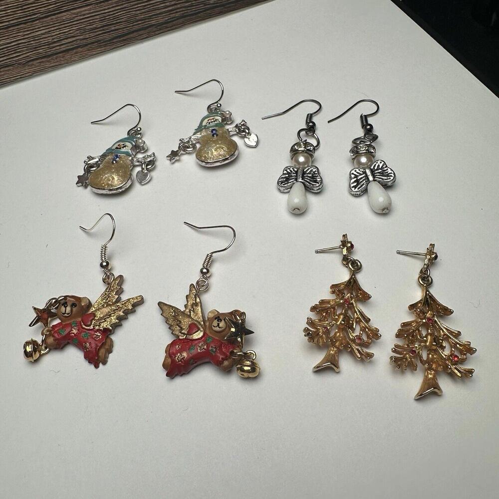 Angel Bear, Christmas Tree, Snowman Etc Pierced Dangle Drop Earrings Lot Of 4
